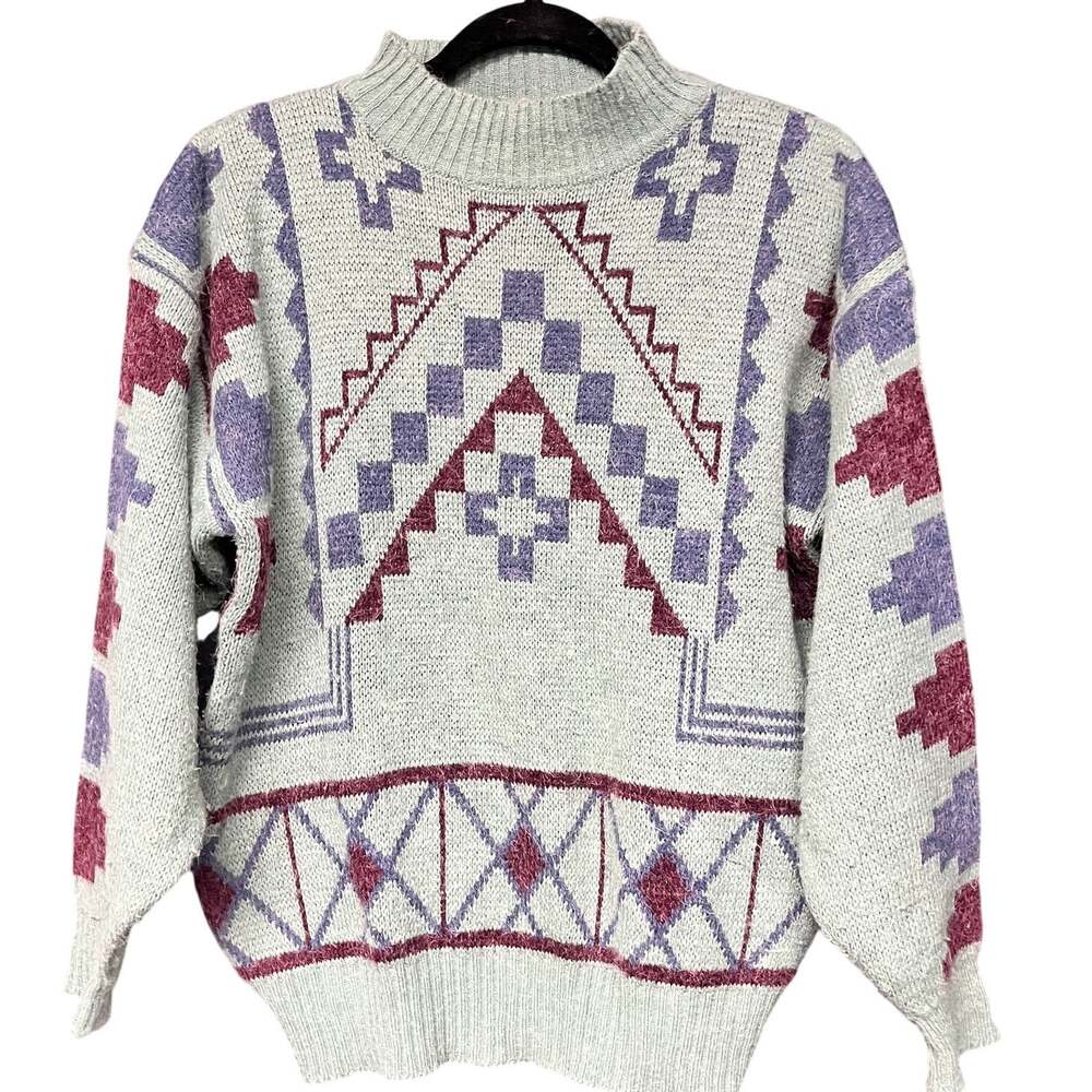 Vintage Women's M Gina Peters southwest tribal Aztec mockneck sweater red green